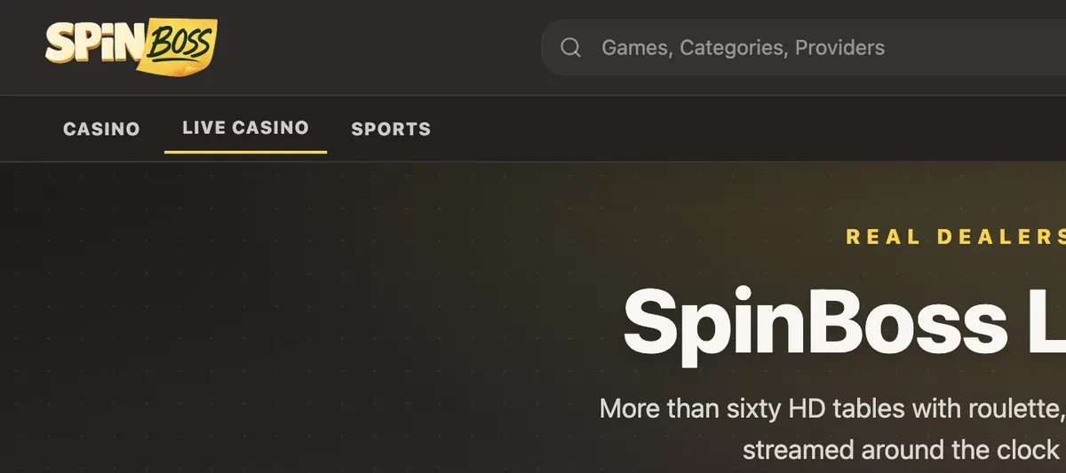 Live casino-pagina van SpinBoss (Engelse interface), vastgelegd op spinboss.live, 7 september 2026